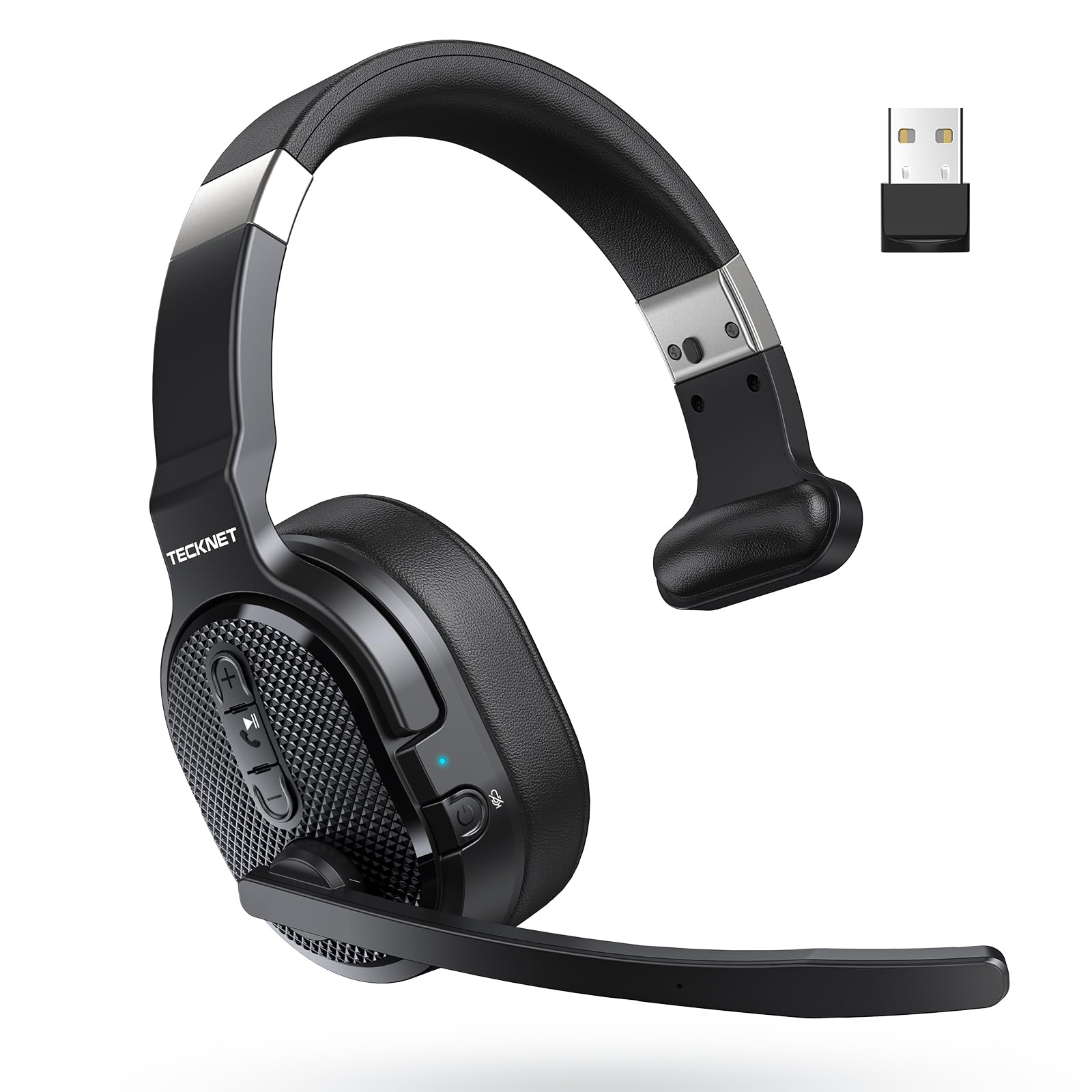 TECKNET Trucker Bluetooth Headset, Stable V5.2 & USB Dongle Connection, 70h Wireless Bluetooth Headsets with Mic and Mute, ENC Noise Canceling, Headset for Truck Drivers, Cell Phone, PC Comfort Office