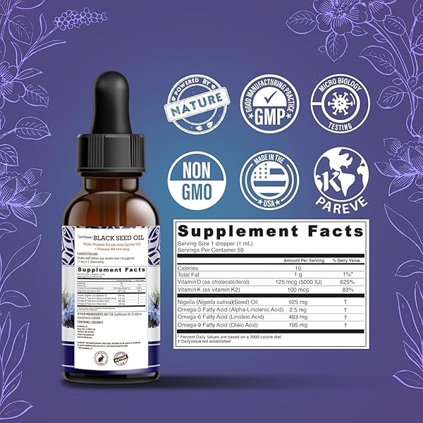 GURUNANDA BLACK SEED OIL, COLD-PRESSED NIGELLA SATIVA – RICH IN VITAMIN D3 5000 UNITS, K2 & E, HIGH THYMOQUINONE | POTENT ANTIOXIDANT FOR IMMUNE SUPPORT, NON-GMO, 2 FL.OZ