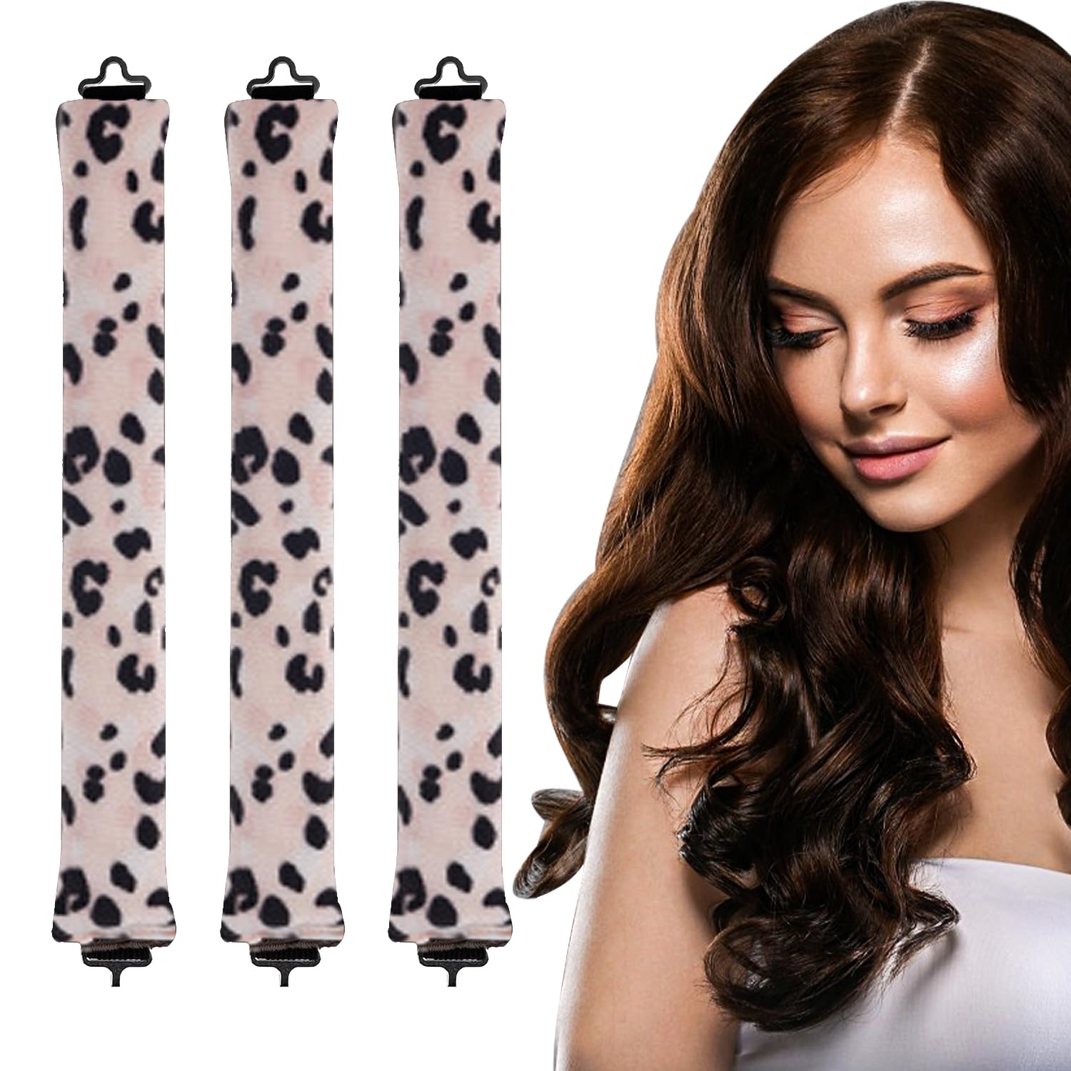 elook 3PCS Heatless Curlers, High Resilience Hair Rollers Lazy Heatless Blowout Rods, Soft Velvet Thick Flexi Rods with Hook, Women Long DIY Hair Styling Tools - Leopard