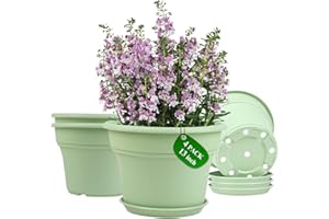 POTTIFFE 13 Inch Plastic-Flower-Pot-for-Indoor-Plants, 4 Pack Large Outdoor Planter Pot with Drainage Holes & Saucers, Resin Decorative Garden Pots Planters