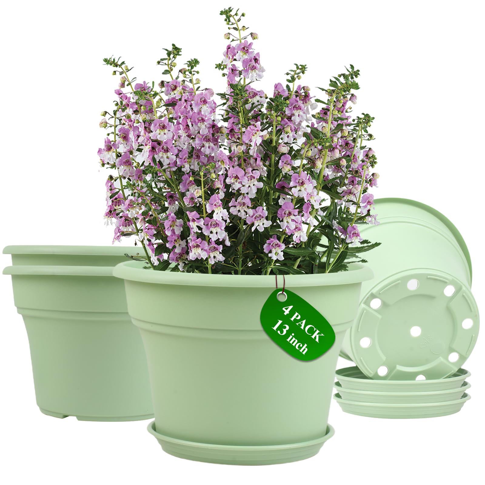 Photo 1 of 13 Inch Plastic-Flower-Pot-for-Indoor-Plants, 4 Pack Large Outdoor Planter Pot with Drainage Holes & Saucers, Resin Decorative Garden Pots Planters