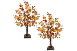 TURNMEON [ Prelit & Timer ] 2 Pack Fall Decor Tabletop Fall Tree with 48 LED Battery Operated, Maple Tree 288 Eucalyptus Leafed 12 Pinecones Berried Thanksgiving Fall Decorations for Home Table Decor 18 Inch