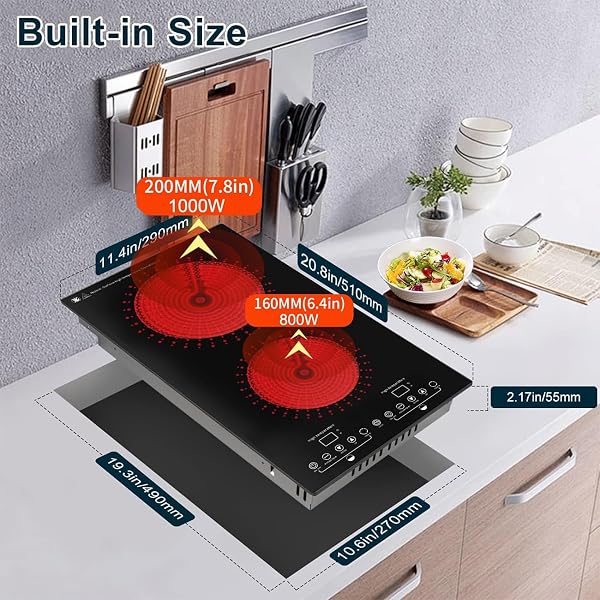 EVITUTA ELECTRIC COOKTOP, 2 BURNER ELECTRIC STOVE WITH LED TOUCH SCREEN, 9 HEATING LEVELS, TIMER, CHILD LOCK, AIR INSULATION, SILENT HEATING, 110V 12 INCH BUILT-IN HOT PLATE