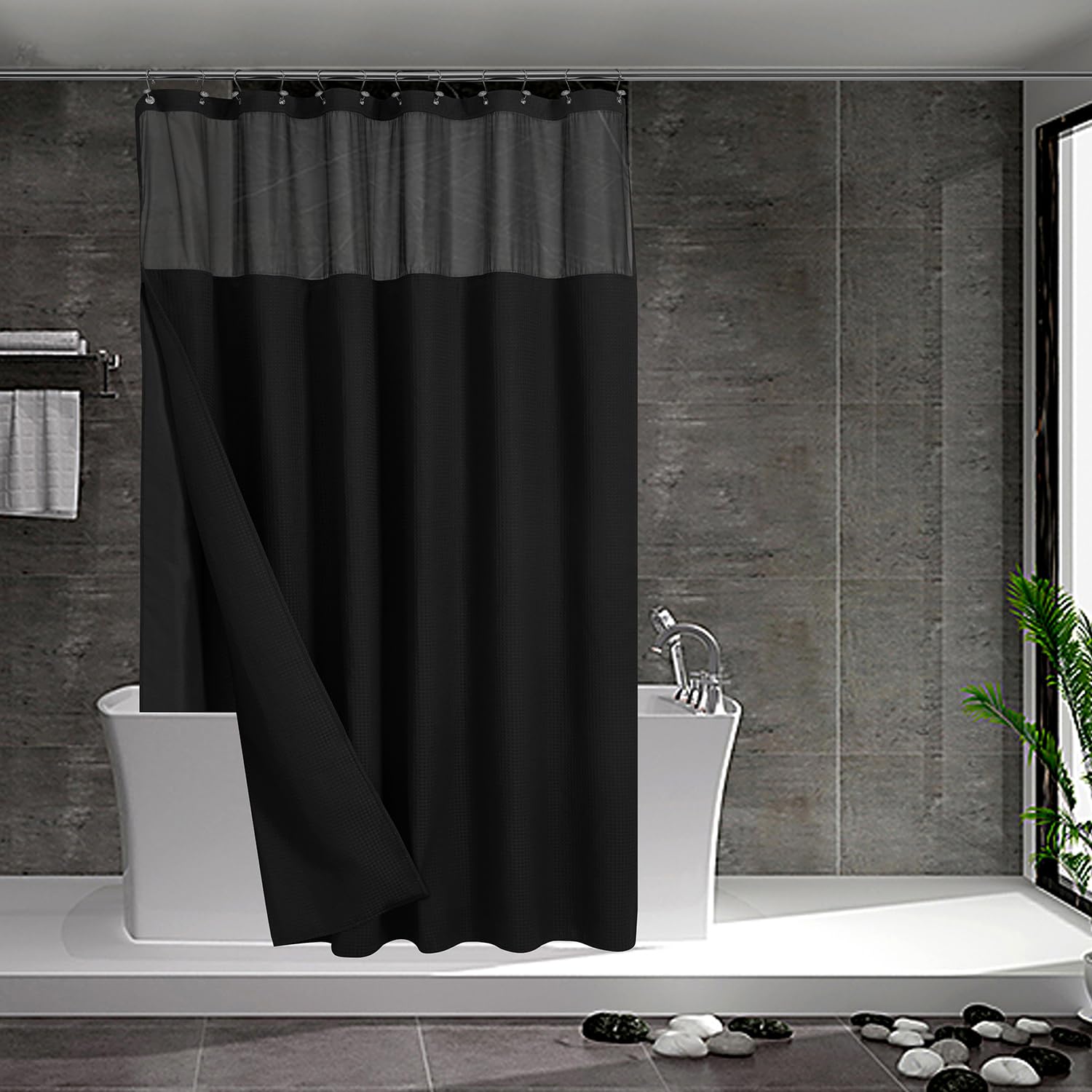 Photo 1 of N&Y HOME Waffle Weave Shower Curtain with Snap-in Fabric Liner & 12 Black Hooks Set - Hotel Style, Water-Repellent & Washable, Mesh Top Window - 71x72, Black
