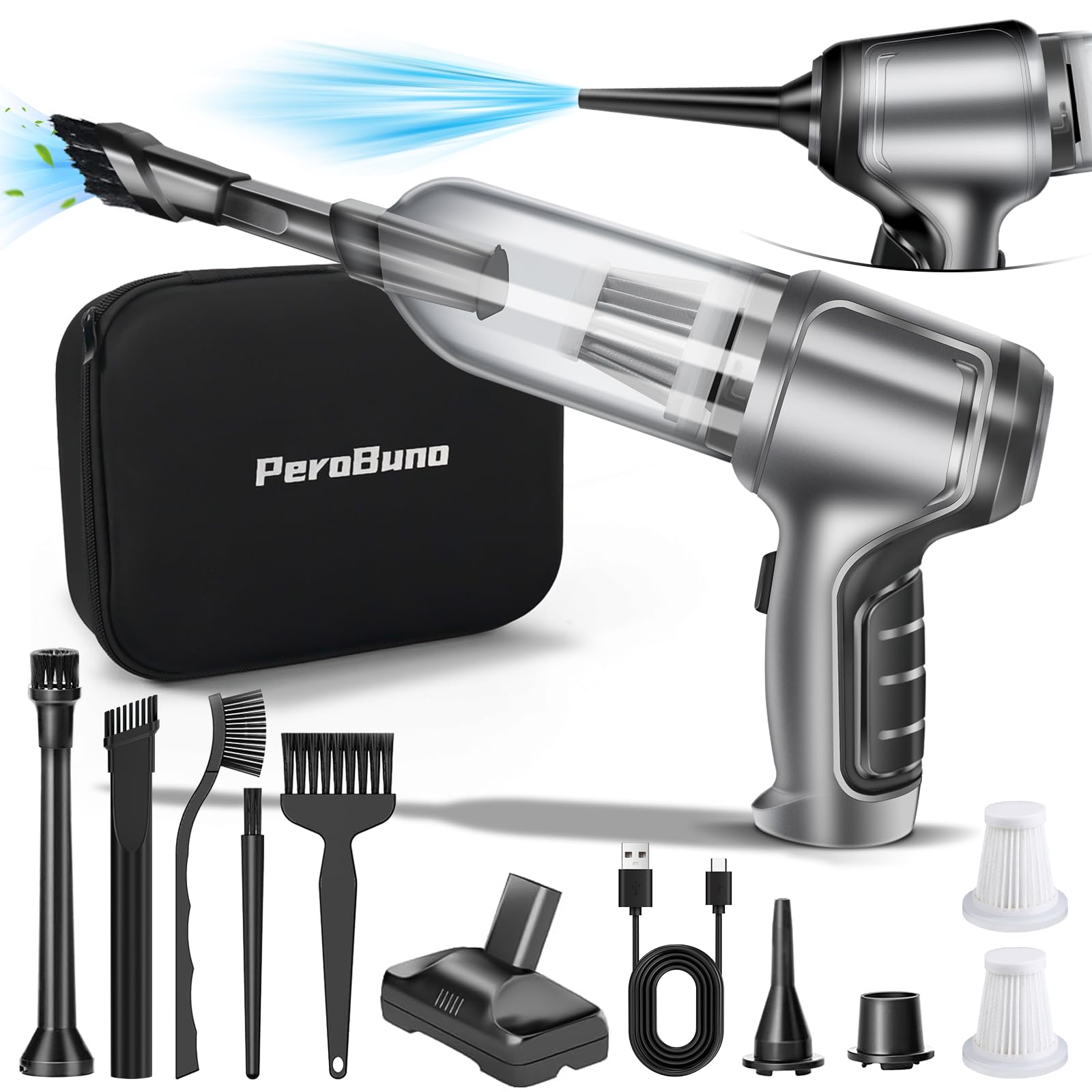 PeroBuno Mini Vacuum Cleaner for Car, 18KPa Powerful Brushless Motor Handheld Vacuum Cordless, Portable Car Vaccum with Rechargeable, Compressed Air Duster- Keyboard Cleaner 3-in-1