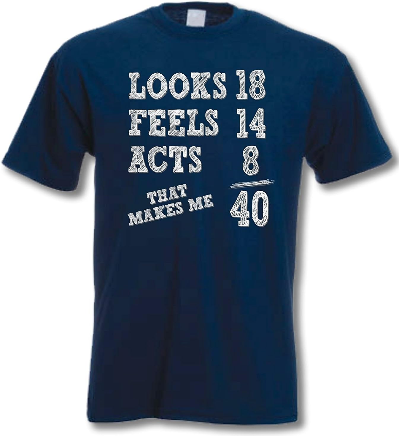 Looks 18 Feels 14 Acts 8, That Makes Me 40 - 40th Birthday Gift Present T-Shirt Mens Navy S