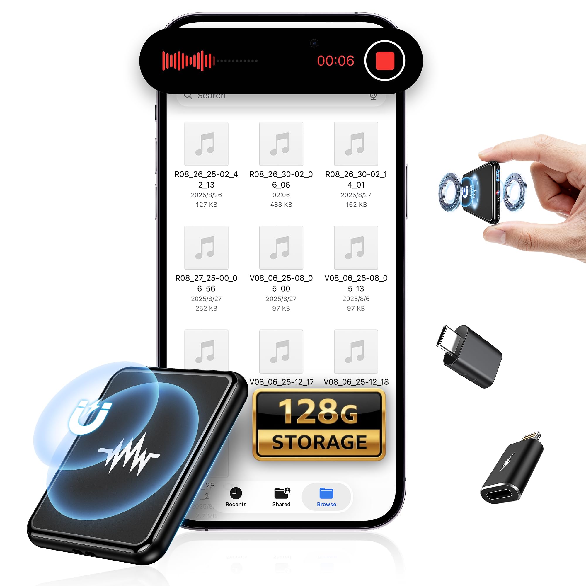 Photo 1 of 128G (9800 Hour) Voice Activated Recorder, Dual-Sided Magnetic Voice Recorder with Playback, Audio Recorder with AI-Intelligent Noise Reduction, 70H Continuous for Lectures, Meetings