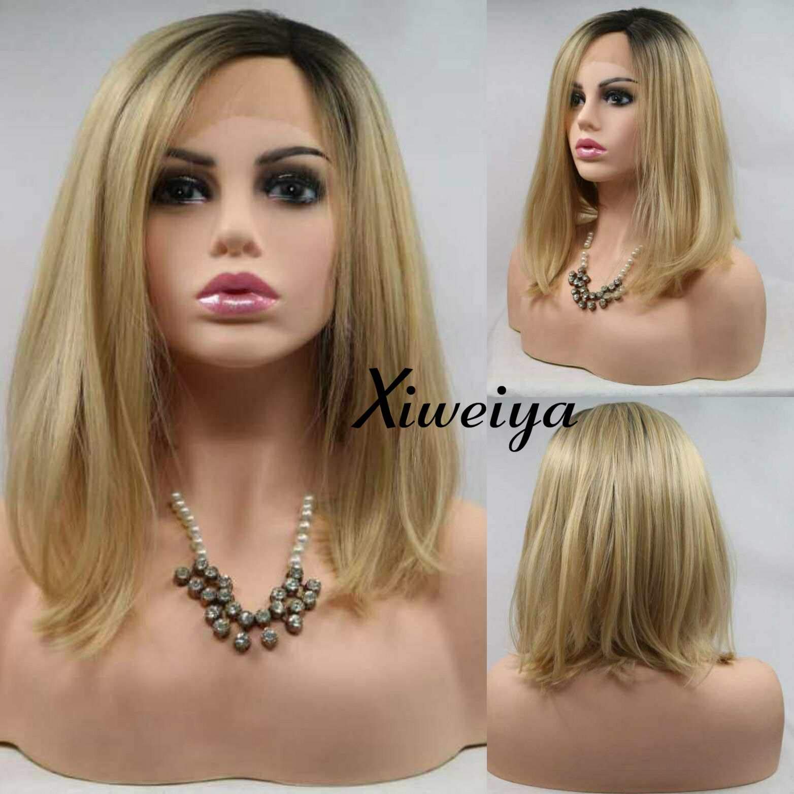 Xiweiya Blonde Bob with Dark Roots Synthetic Lace Front Wig - Shortcut Hair, Omber Blonde, Heat Resistant Fiber, 14 inch