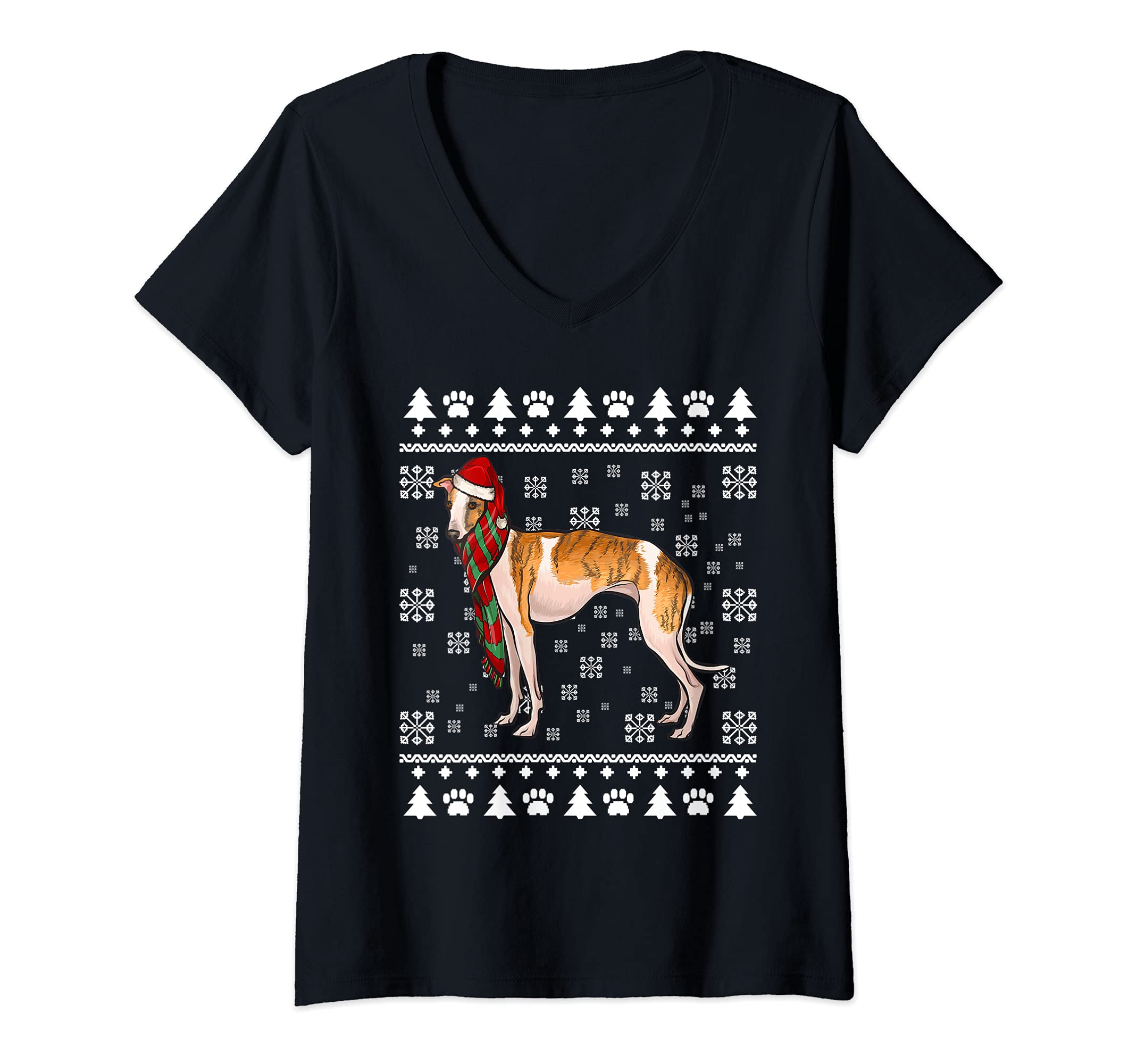 Womens Whippet Dog Santa Hat Xmas Ugly Christmas V-Neck T-Shirt