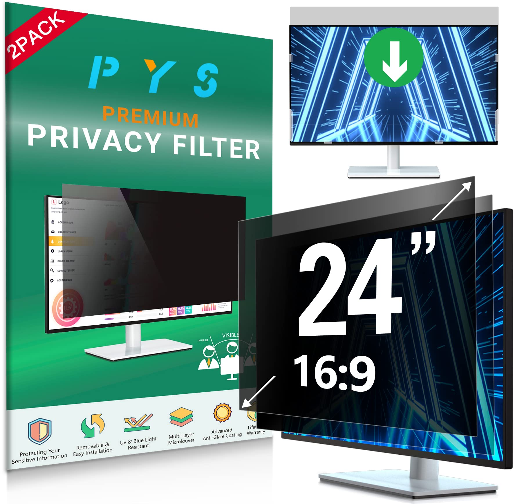 PYS [2-Pack 24 Inch Computer Privacy Screen Filter for 16:9 Widescreen Monitor - Easy Removable Privacy Filter - Eye Protection Anti Glare Blue Light Shield