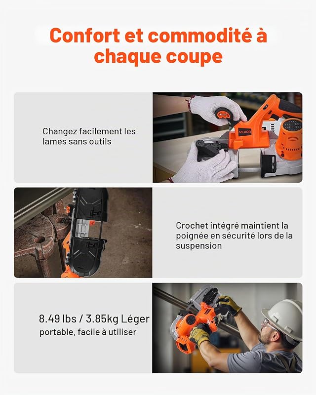 Scie à Ruban Portative 20 V, Profondeur de Coupe 6,5 cm, Moteur sans Balais, sans Fil, Compacte, avec Crochet de Suspension, Vitesse Variable de 0-192 m/min, pour Couper Métal Bois (Outil Seul)