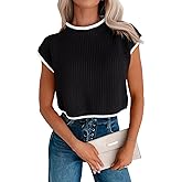 MURMUREY Womens Cap Sleeve Crop Tops Summer High Neck Contrast Color Sweater Vest Ribbed Knit Sleeveless Tank Top