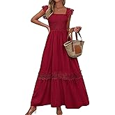 PRETTYGARDEN Women's Smocked Summer Maxi Dresses 2026 Ruffle Cap Sleeve Square Neck Lace Detail Flowy Sundress with Pockets