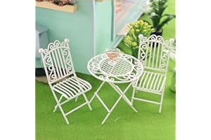 GOODLIEST Metal Doll House Bistro Set, White Miniature Doll House Table and Chairs Set, 1/12 Scale Miniature Patio Set Fairy Garden Furniture Ornaments Micro Decor A