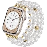 V-MORO Compatible with Apple Watch Band Pearl Series 11/10/9/8/7 46mm 45mm 44mm 42mm Women Fashion Handmade Beaded Elastic Strap Dressy Stretch Bracelet for iwatch SE Series 6/5/4/3/2/1-White/Gold