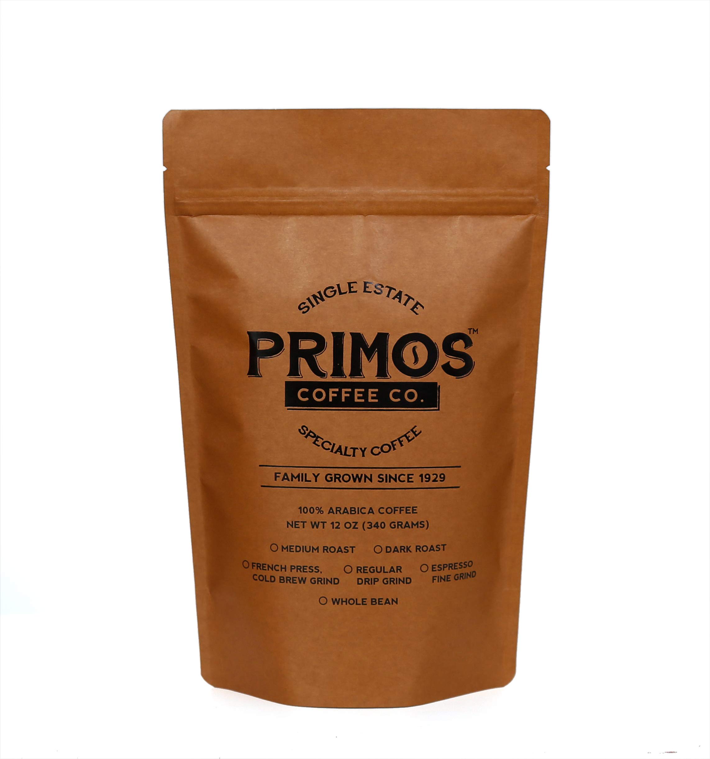 Single Origin Specialty Coffee, Medium Grind, Primos Coffee Co (Dark Roast, 12 Oz)