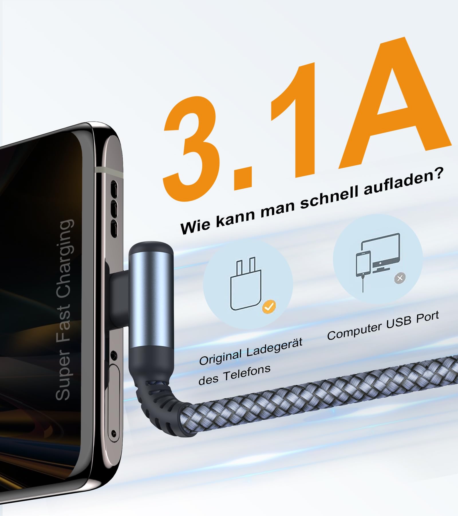 USB C Kabel 3.1A Schnellladung [2Stück 2m], Ladekabel USB C Winkel Type C Kabel Nylon für i Phone 17 16 15 Pro Max,Samsung S26 S25 S24 S23 S22,S21,S20 S10 S9,S8,Note20,M31 M30s M20,A72 A71 A52 A51 3