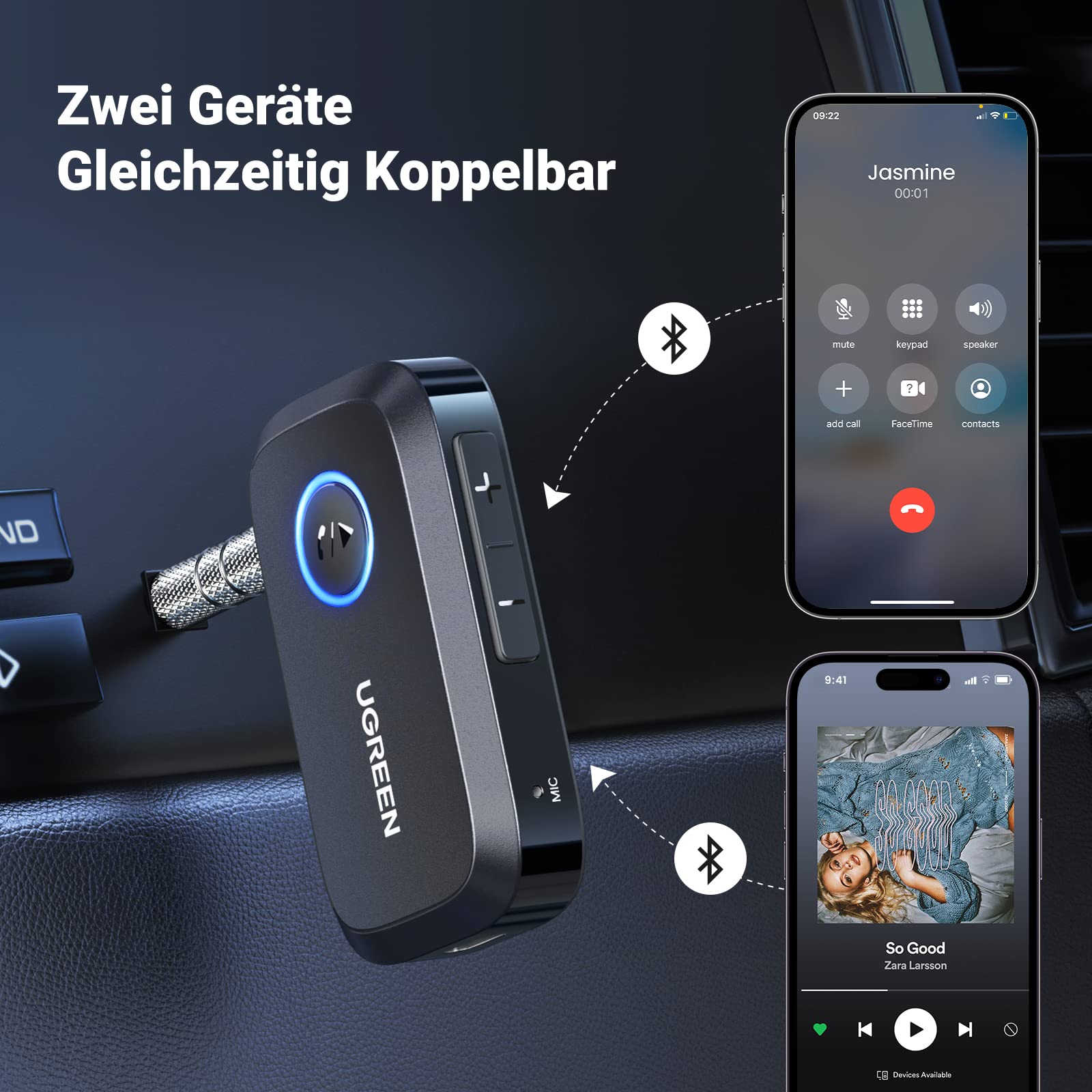 UGREEN Aux Bluetooth Adapter Auto Bluetooth 6.0 Empfänger Freisprechanruf, Stereo Musik, Dualer Kopplung mit 15 Stunden Spielzeit Klinke Adapter für Autoradio/Stereoanlage(Schwarz) 7