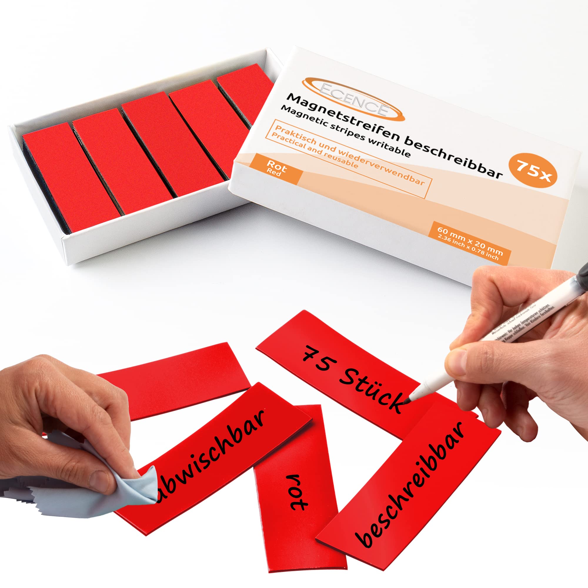 ECENCE Dry Erase Magnetic Labels 75pcs Reusable Magnetic Name Tags 2.36inchx0.79inch Writable Magnetic Sticker Notes for Whiteboard Refrigerator Locker Classroom Red — image 1