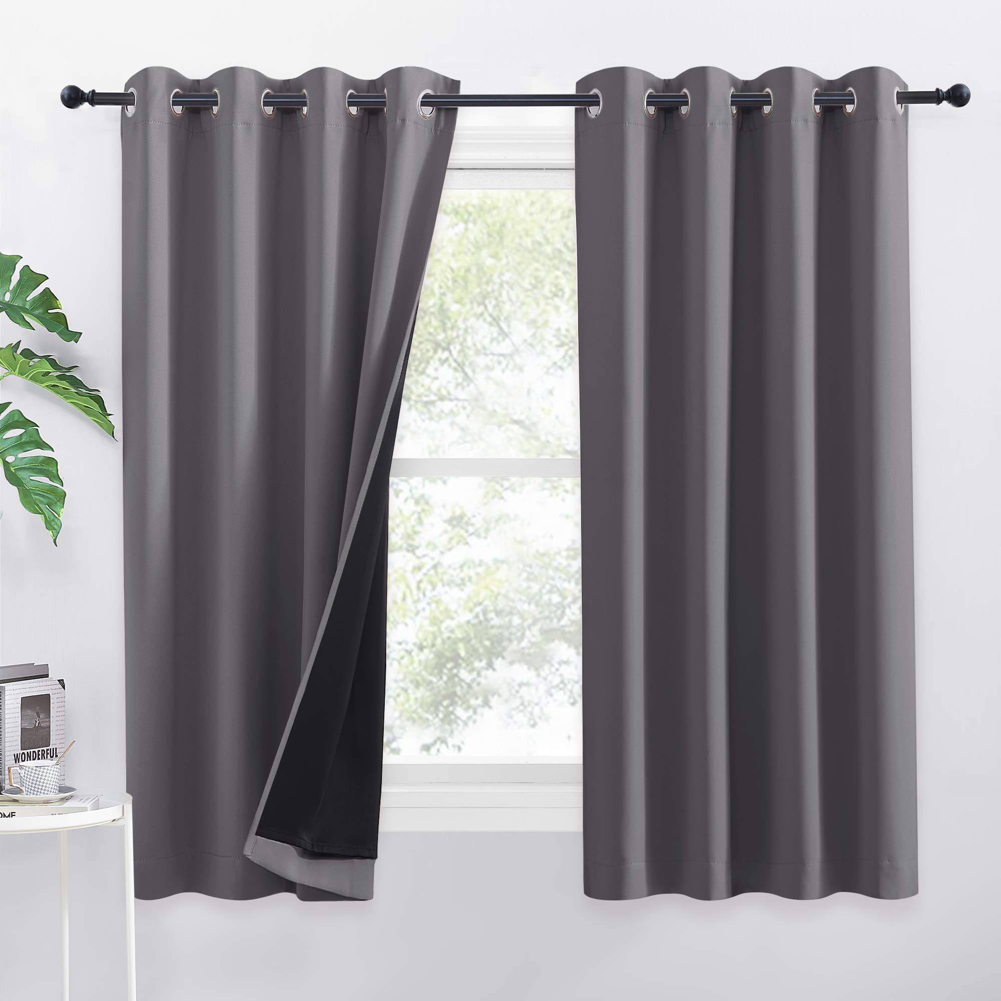 PONY DANCE 100% Blackout Curtains with Liner - Double-Layer Thermal Insulated 52x63 Inch Bedroom Curtains, Energy Saving & Noise Reducing, Grey Eyelet Window Drapes (Set of 2 Panels)