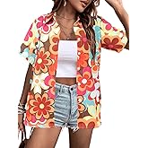 Vintage Hawaiian Shirt Woman 60s 70s Outfit Disco Hippie Party Shirts Floral Button Up Short Sleeve Tops