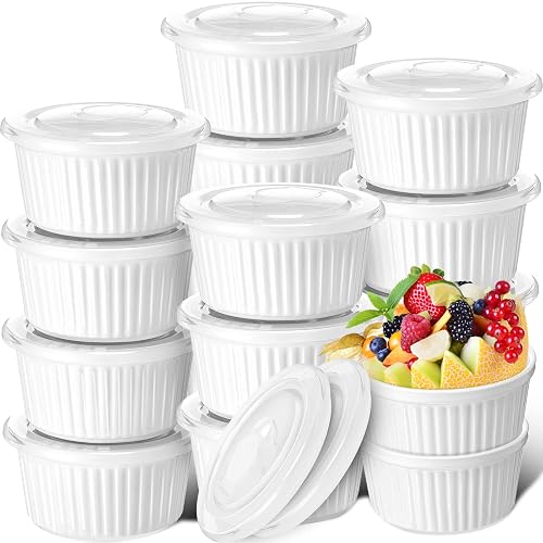 DOWAN 10 Oz Ramekins With Lids – Oven Safe Porcelain Souffle Dishes, Set Of 4 With Handles, Soft White