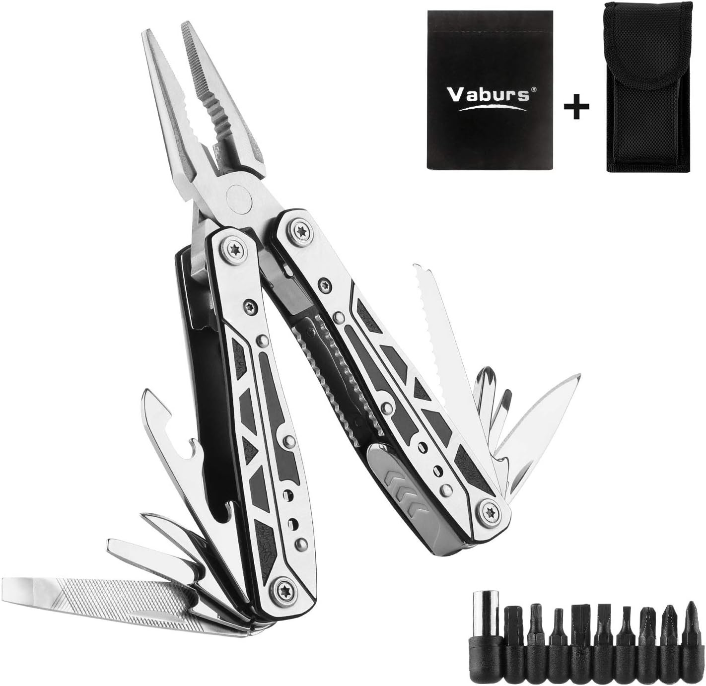 Vaburs Multitools, 14 in 1 Multitool Pliers Stainless Steel Folding Pocket Plier Kit with Durable Nylon Sheath for Survival, Camping, Hiking