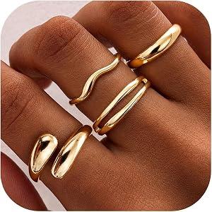 PATISORNA 14K Gold Plated Stackable Rings for Women Non Tarnish Size 5-10 | Chunky Rings Set Thick Dome Twist Open Thumb Ring