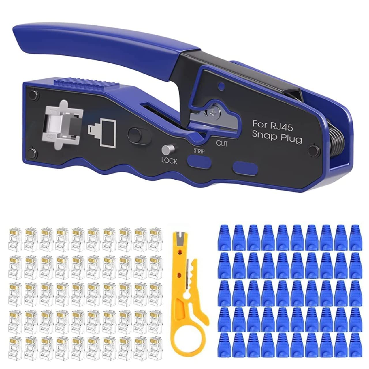 RJ45 Crimping Kit with 50 Connectors, All-in-One Cable Cutter, Stripper & Crimper, Pass-Through CAT6 CAT5e CAT5, Ethernet LAN Network Installation & Repair Set