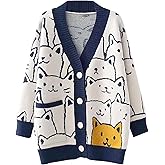 Flygo Cat Sweaters for Women Oversized Chunky Button Down Knit 2025 Fall Cardigan Cute Cartoon Sweater Kawaii Clothes
