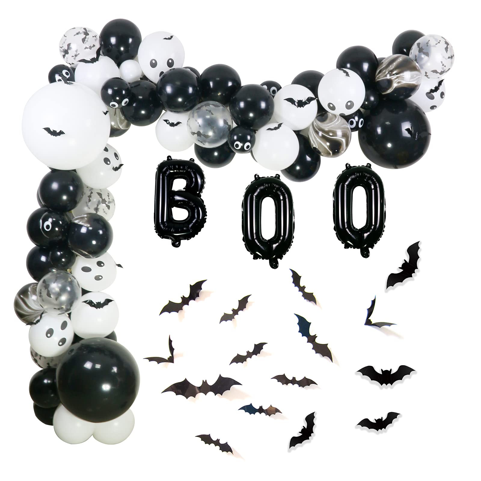 Photo 1 of 123 Pcs Halloween Balloon Arch Garland Kit, 18" 12" 5" Black White 18" Boo Foil Balloons with 3D PVC Bat Stickers for Halloween Baby Shower Birthday Party Decorations Supplies