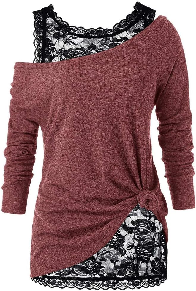 MOTOCO Women Ladies Plus Size Long Sleeve Strapless Lace Mesh Two Piece Blouse Pullover Tops Shirt Blouse