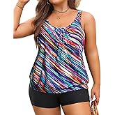 Yonique Plus Size Tankini Swimsuits for Women Blouson Tankini Tops with Swim Shorts Two Piece Bathing Suits
