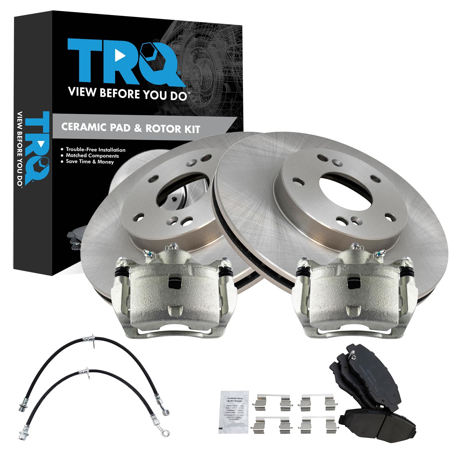 TRQ Front Brake Pad and Rotor Set Ceramic Calipers Compatible with 2014-2015 Acura ILX L4 2.0L 2013-2015 Honda Civic EX EX-L Coupe Sedan Automatic CVT Image