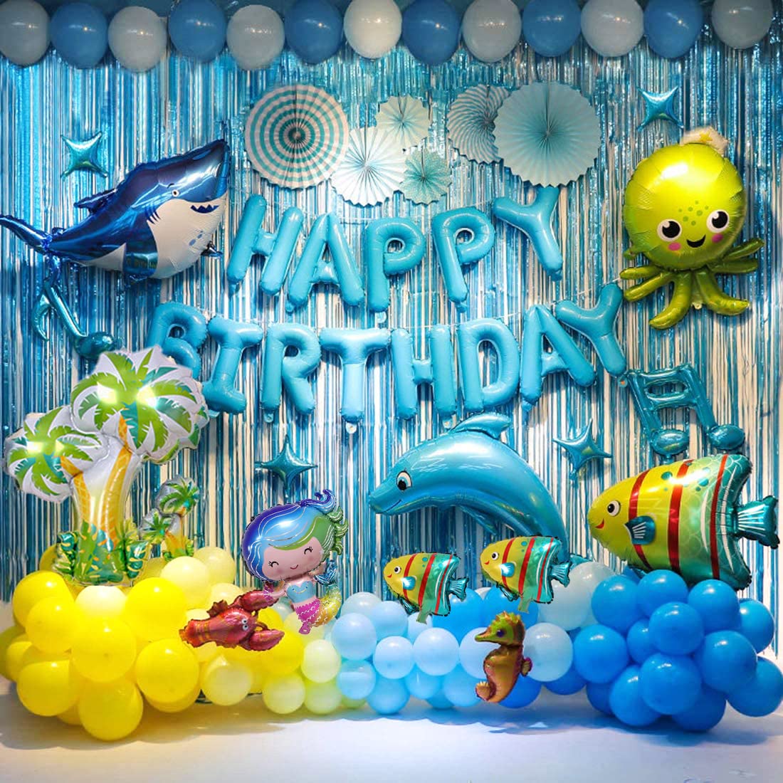 Ocean Animals Birthday Party Decoration for Sea Creatures Birthday Set Blue Background Dolphin Shark Decoration Balloon
