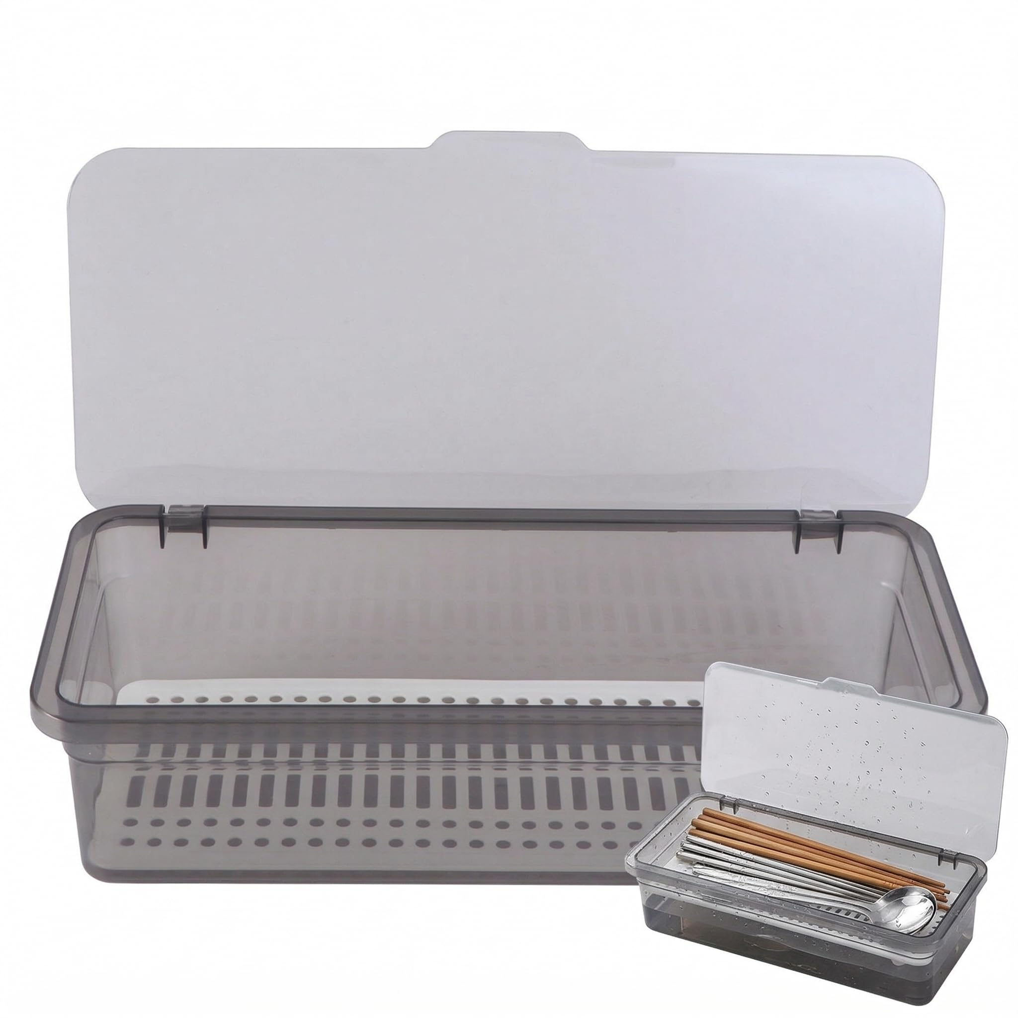 DOITOOL Cutlery Storage Box with Clear Lid - 28x13x7cm Slim Plastic Drawer Organiser Tray - Chopsticks Container Drainer Ca-ddy for Kitchen Utensils Countertop Camping & Trav-el Tableware Accessories