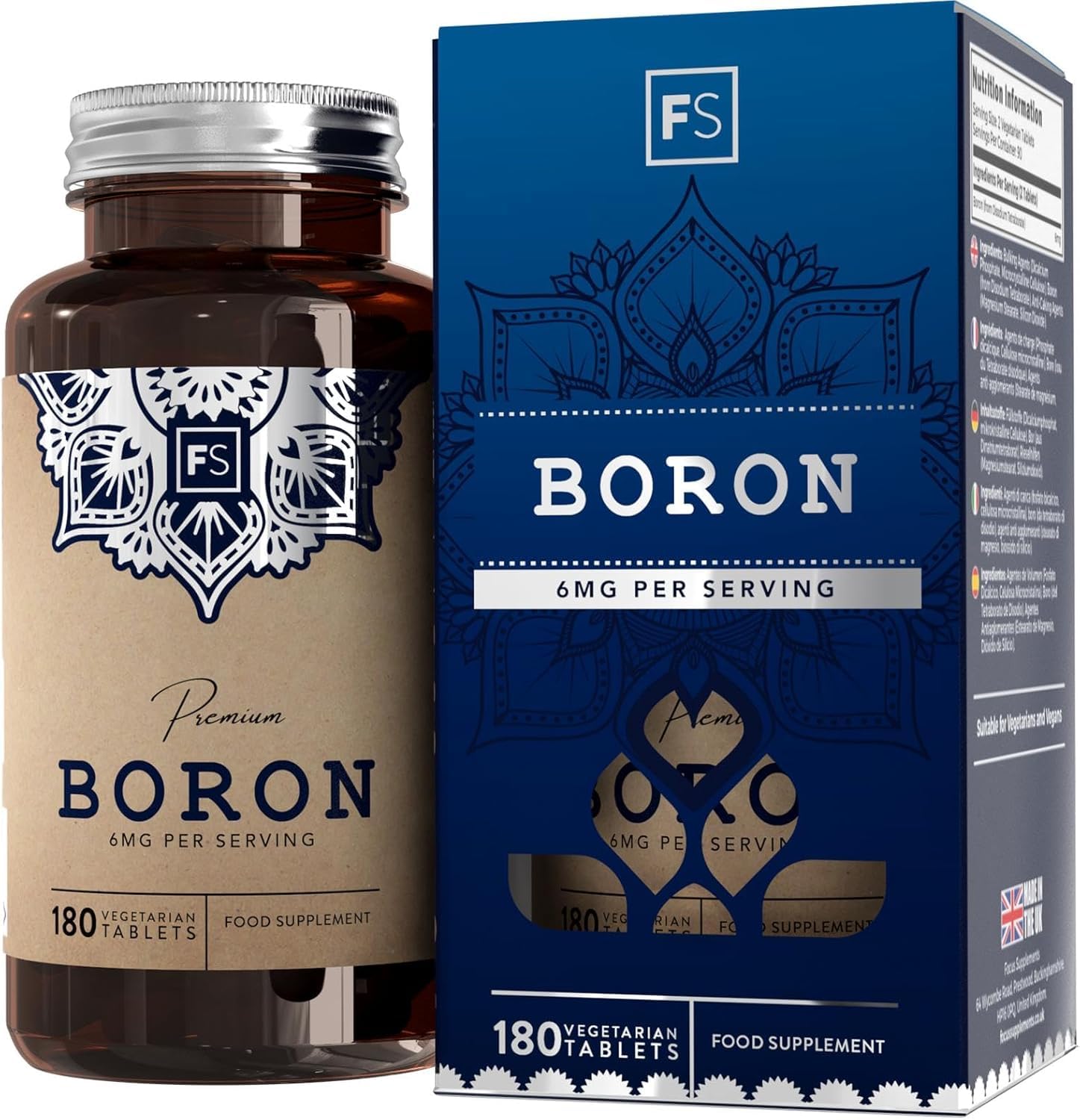 FS Boron Supplements | 180 Boron Tablets - High Strength Vegan 6mg BOR per Serving | 3 Months Supply | Non-GMO, Gluten & Allergen Free | Manufactured in The UK