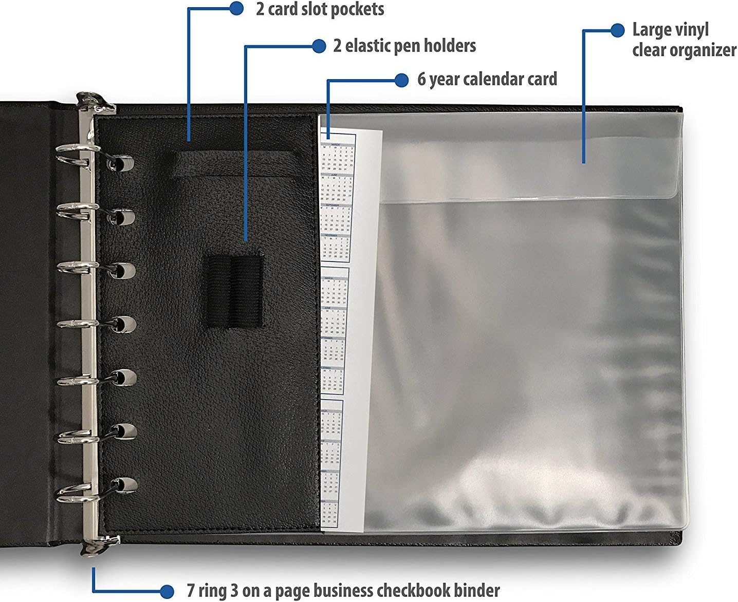 Premium 7 Ring Business Check Binder for 3 on a Page Checks - Large Storage Pouch, Calendar, and Pen Included, | 600 Check / 200 (9" x 13") Sheet Capacity, Black : Office Products