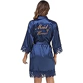 Crystal Dew Women's Lace Trim Bride Kimono Robes with Embroidery Bridal Silky Satin Bathrobe Wedding Party Sleepwear