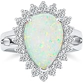 Personalized Big Halo Oval Pear Shape Teardrop Statement 10CT Created White Opal Engagement Ring Cathedral Setting Gemstone Ring For Women .925 Sterling Silver October Birthstone Customizable