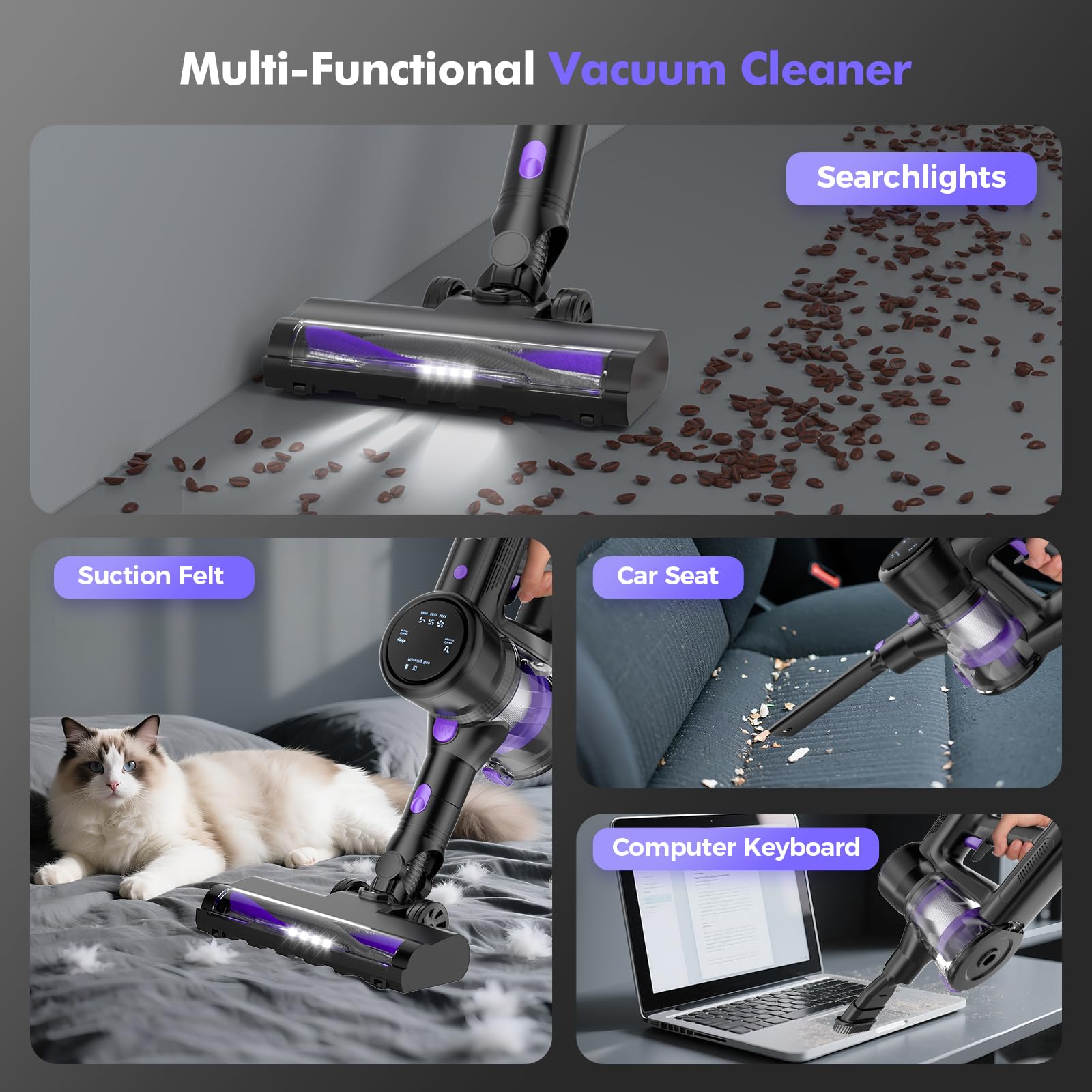 Cordless Vacuum Cleaner, 40KPa/450W/50Mins/3 Modes, Cordless Stick Vacuum with LED Display & Foldable Lightweight Design, Rechargeable Handle Cleaners for Home, Pet Hair, Carpet, Hard Floor(Purple)