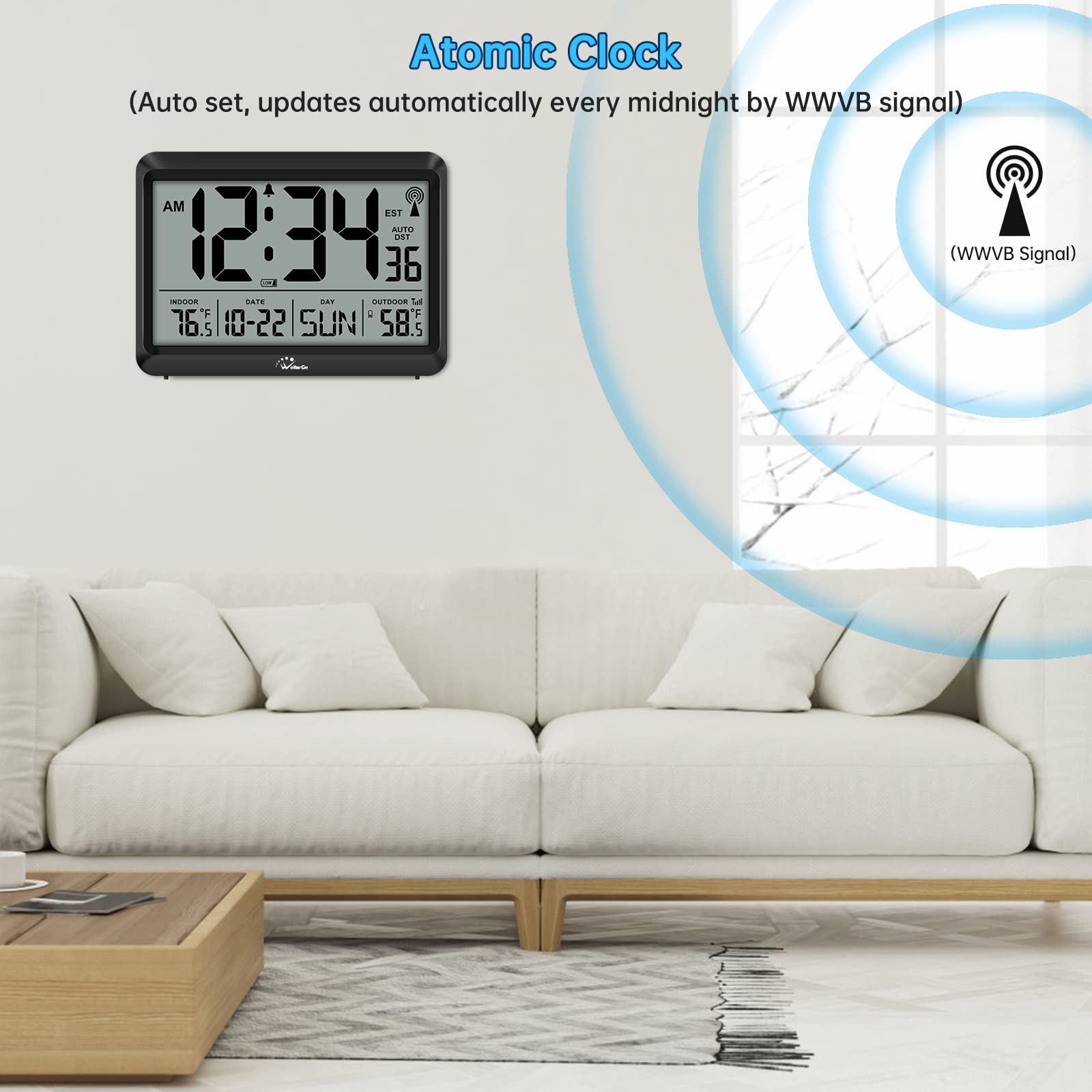 WallarGe Atomic Clock With Indoor/Outdoor Temperature - 12.5 Inch Self-Setting Digital Wall Clock