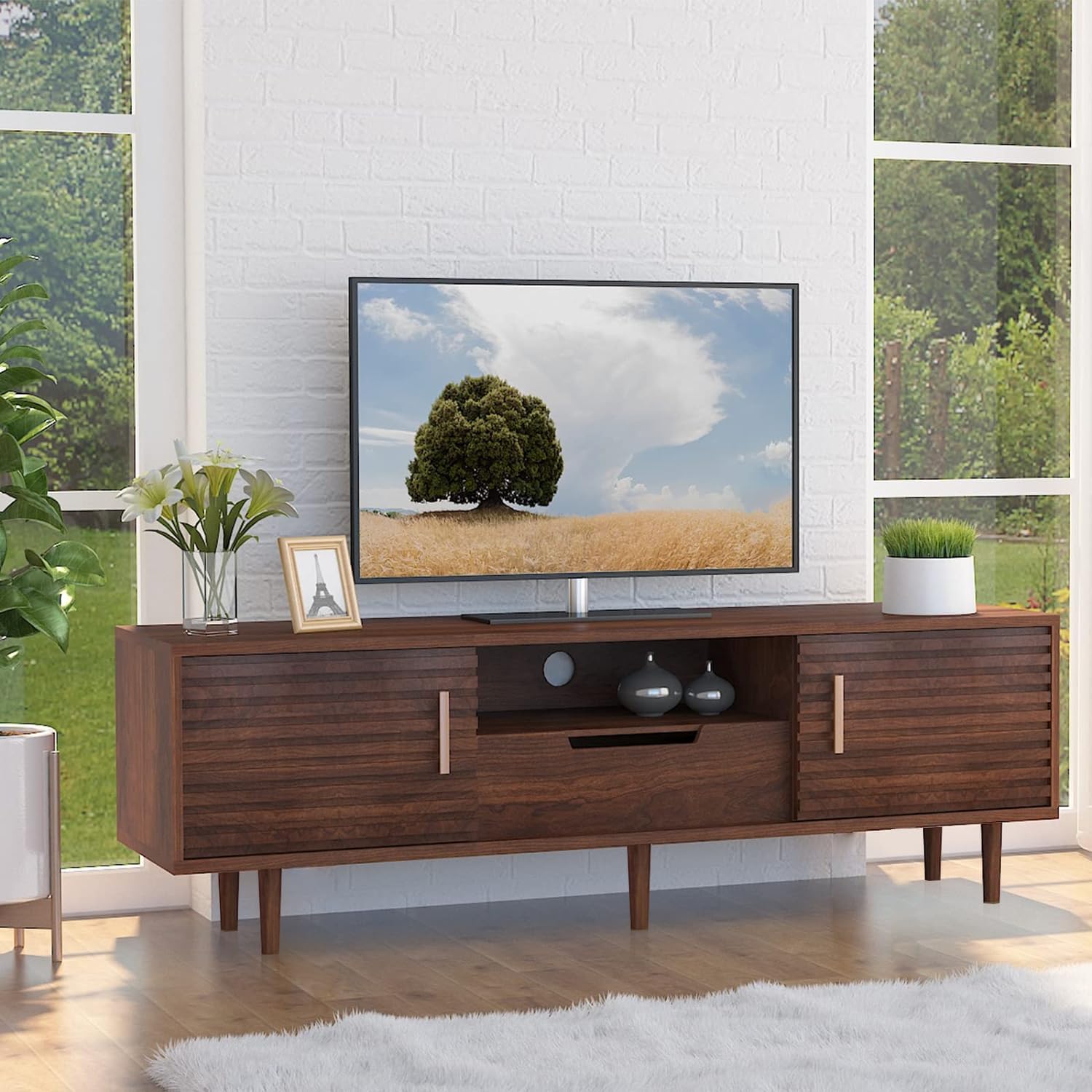 Photo 1 of **Photo and description for reference only.***Alohappy Mid-Century Modern TV Stand for 65 Inch TVs, Wood Entertainment Center TV Console Table with Storage Drawer and Open Shelves, Stylish TV Cabinet for Living Room/Bedroom, Brown 59"
