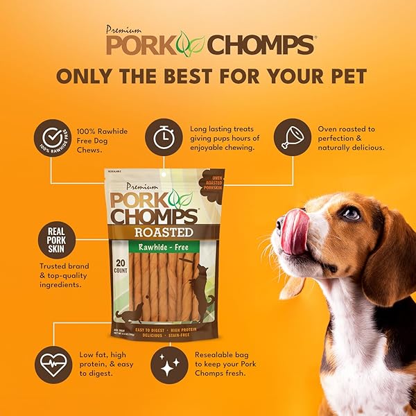 PORK CHOMPS ROASTED PORK SKIN DOG CHEWS, 5-INCH MINI TWISTS, 20 COUNT