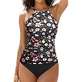 Tempt Me Two Piece Tankini Set Tummy Control Swimsuit for Women High Neck Top with Bottom Bathing Suits Ruched Swimwear