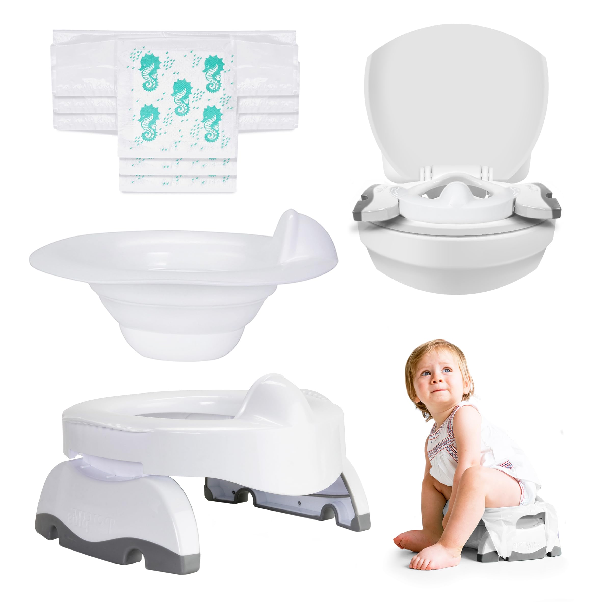 Potette Max 3-in-1 Travel Potty | Award-Winning Compact, Foldable Potty and Toilet Training Seat | Includes x3 Disposable Liners, A Reusable Liner & Carry Bag | White