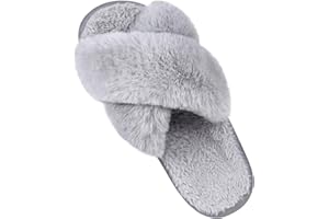 Comwarm Women's Cross Band Fuzzy Slippers Fluffy Open Toe House Slippers Cozy Plush Bedroom Shoes Indoor Outdoor