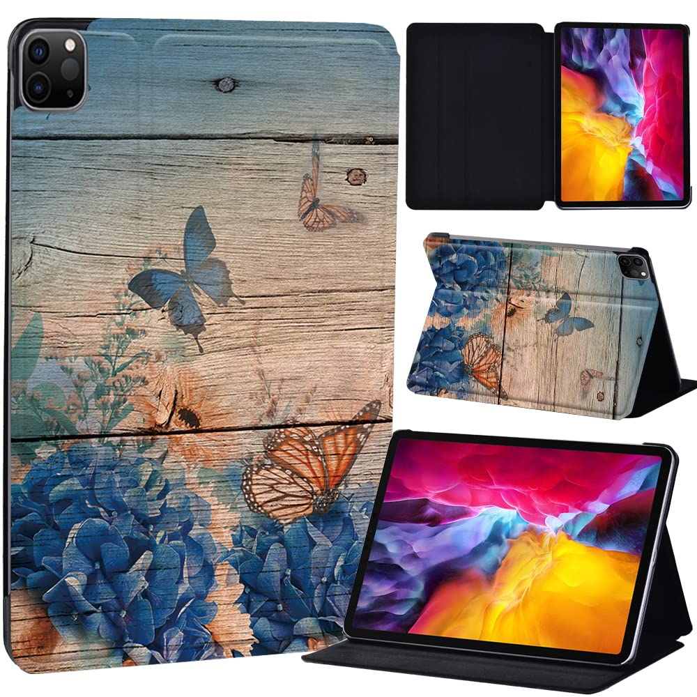 PU Leather + hard shell Ultra slim lightweight Folio Flip Tablet Stand Smart Cover Case Fit iPad Air 4 10.9" (2020) / iPad Pro 11" (2018 2020 2021) (butterfly on wood)
