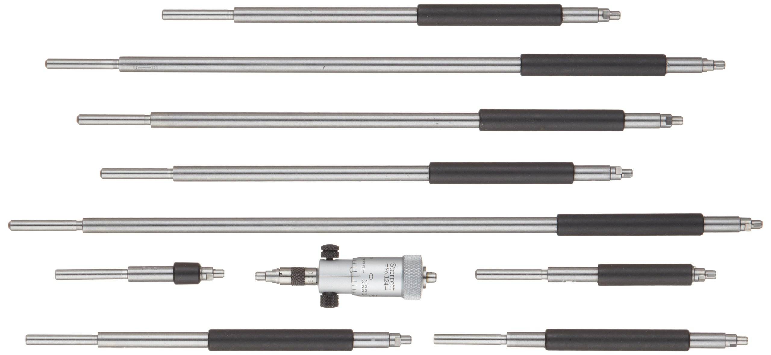 Starrett 124B Solid-Rod Vernier Inside Micrometers Set, 2-12" Range, 0.001" Graduation, +/-0.0001" Accuracy, Without Case