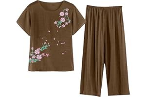 breaise Womens Casual Pajama Outfits Summer Plus Size 2 Piece Sets Soft Crew Neck Short Sleeve Tops Capri Lounge Pants